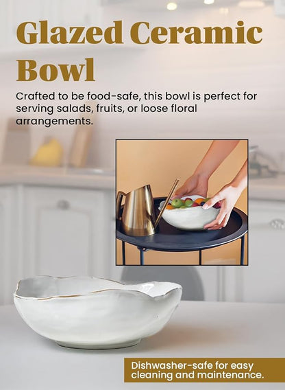 Serene Spaces Living Medium Free-Form Edge Glazed Ceramic Bowl – Stylish Fruit Bowl, Dinnerware, and Decorative Centerpiece for Vintage Weddings and Events, 10.5" Long, 8.5" Wide and 3.5" Tall