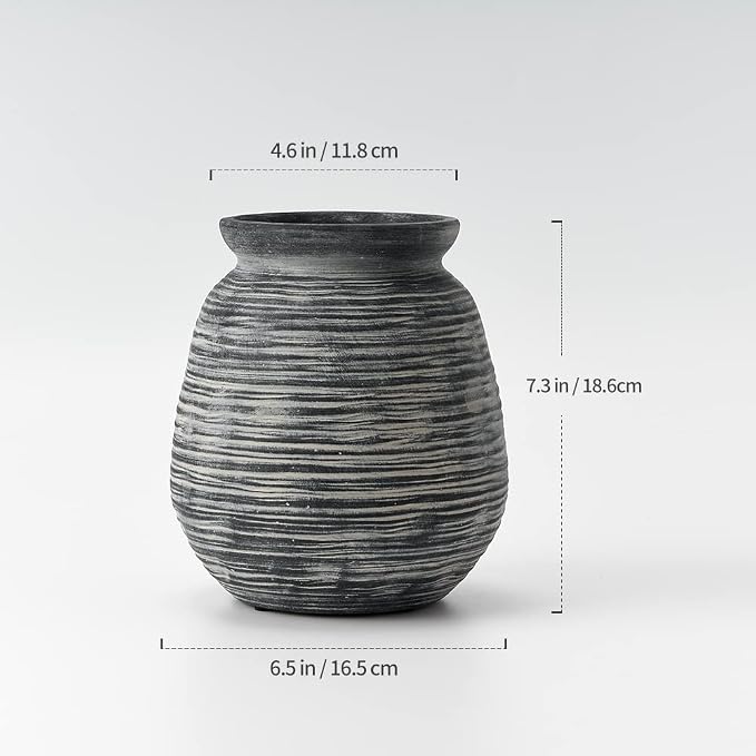 SIDUCAL Ceramic Rustic Farmhouse Flower Vase, Pottery Decorative Flower Vase for Home Decor, Table, Living Room Decoration, Shelf Decor, Mantel, 7.3 Inch, Black