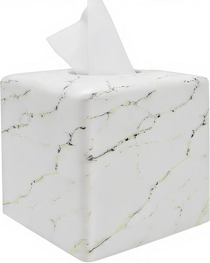 Marble Tissue Box Cover Square Decorative Stone Klenex Box Holder for Bathroom & Living Room with Handcrafted Texture (Marble-A)