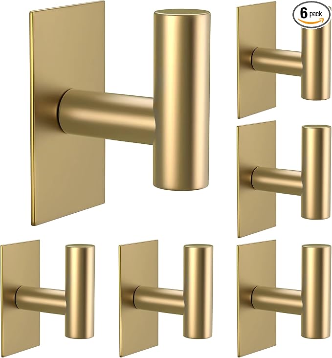 VAEHOLD Wall Towel Hooks, Heavy Duty Sticky Holder Waterproof Towel Hooks for Hanging Coat, Clothes, Closet Hook Wall Mount for Kitchen (Gold, 6 Pack)