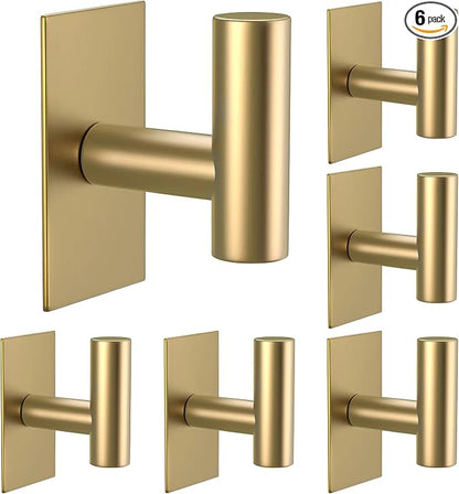 VAEHOLD Wall Towel Hooks, Heavy Duty Sticky Holder Waterproof Towel Hooks for Hanging Coat, Clothes, Closet Hook Wall Mount for Kitchen (Gold, 6 Pack)