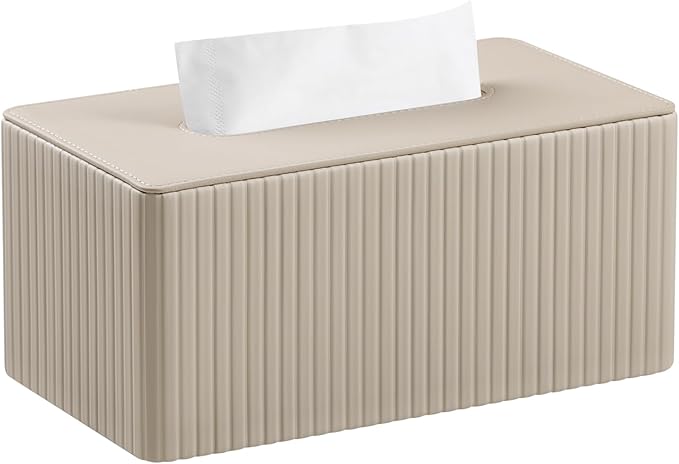 MEIBOOCH PU Leather Tissue Box Cover for 120(3-Ply)/ 160(2-Ply) Count Box of Tissues, Rectangle Tissue Box Holder for Bathroom Bedroom Living Room Office (Beige Stripe)