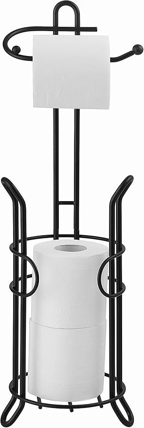 SunnyPoint Freestanding Toilet Paper Holder with Storage – Holds 3 Spare Rolls, Heavy-Duty Steel, Black Finish, Easy Assembly, Space-Saving Bathroom Organizer