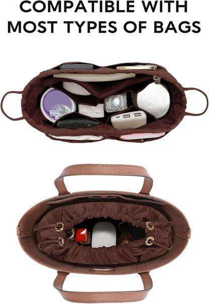 GIVLEFLY，Drawstring，Purse Organizer, Satin material Bag Organizer Insert Purse Organizer For Tote, Handbag,Satin material，Portability (Brown,Large)