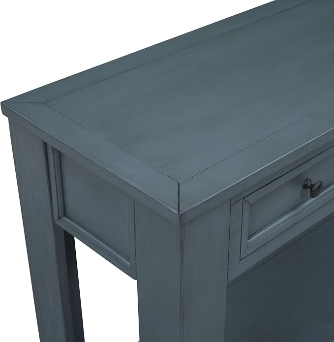 Knocbel Console Table with 4 Storage Drawers Bottom Shelf, Rustic Distressed Sofa Table for Entryway Hallway, Assembly Required, 63" W x 14" D x 30" H, Navy