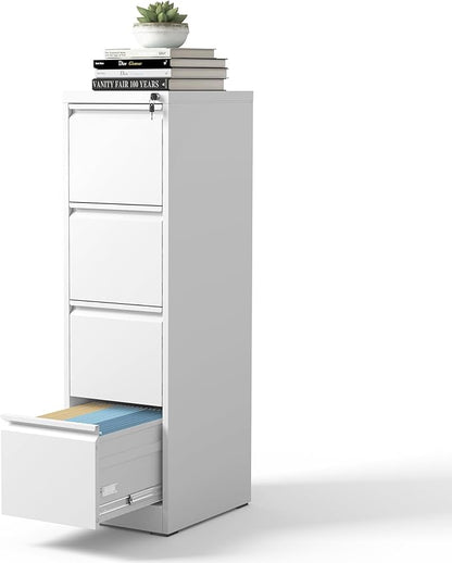 4 Drawer File Cabinet, Metal Vertical Filing Cabinets for Home Office, Steel Storage Cabinet for Hanging Legal/Letter Size Files, Assembly Required (White)