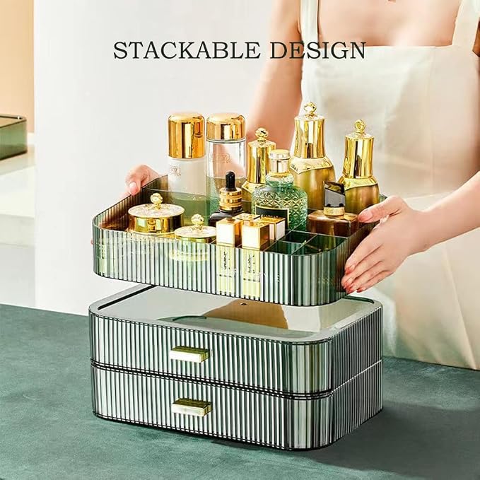 Stackable Makeup Organizer Drawers, Bathroom Vanity Organizers and Storage, Ideal for Desk and Dresser Countertops, Great for Cosmetics, skincare, Lipsticks, Nail Care -Green