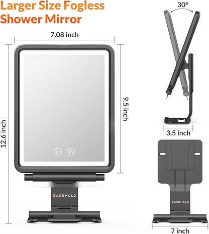 EASEHOLD Shower Mirror Fogless for Shaving, Heated LED Mirror with 3 Color Lights, Adjustable Anti Fog Razor Holder and Storage Tray, 5000mAh Rechargeable Light Up Mirror Bathroom for Men