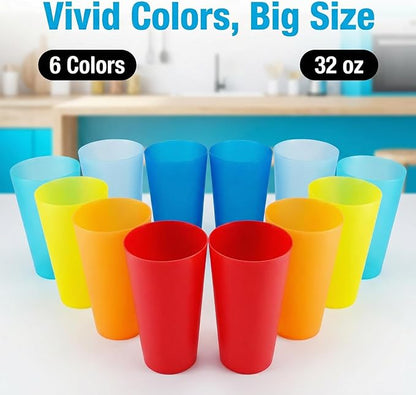 AOYITE Large Plastic Cups Reusable - 32 oz Water Tumblers Unbreakable Drinking Glasses set of 12 - BPA Free Dishwasher Safe Big Plastic Cups for Kids Kitchen Camping Party Outdoor