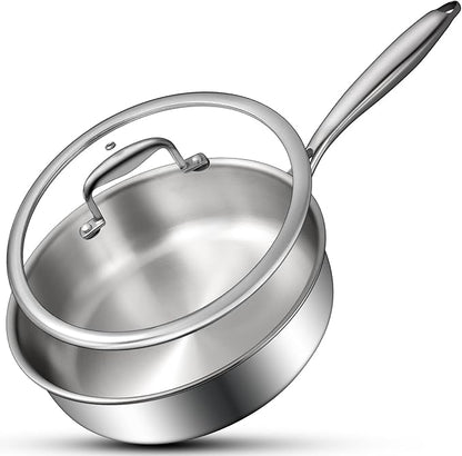EWFEN Tri-Ply Stainless Steel Frying Pan 3QT, 10 Inch Deep Frying Pan with lids, Skillet, Induction Cooking Pan, Dishwasher and Oven Safe, Fast & Even Heat, Heavy Duty and Detachable Handle