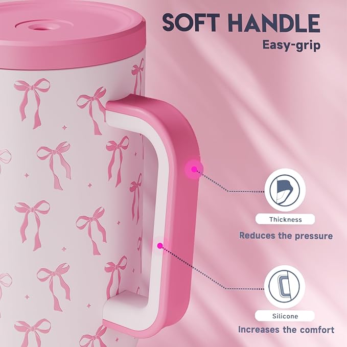 Meoky 40 oz Tumbler with Handle and Straw: Stainless Steel Insulated Tumbler with Lid and Straw - 100% Leak Proof Tumbler for Car Cup Holders - Travelers Commuters Workers, Bow