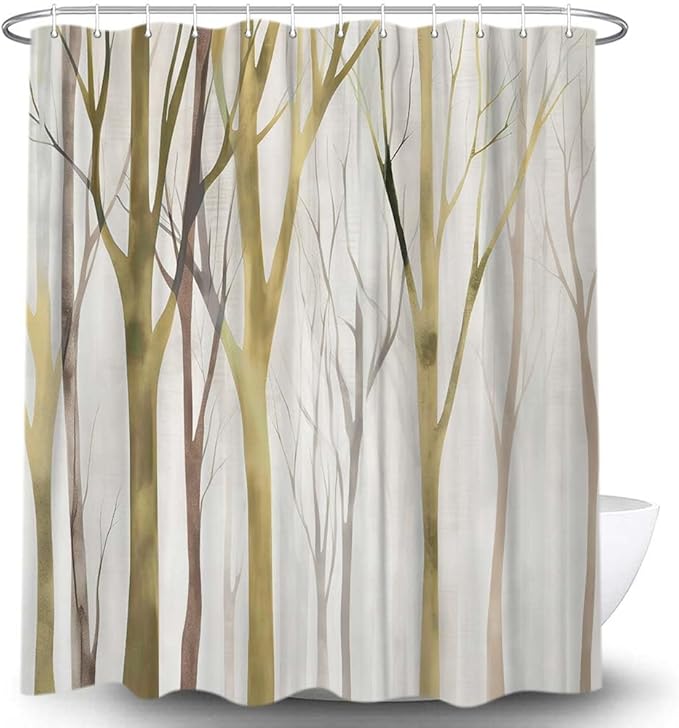 MERCHR Brown Yellow Tree Fabric Shower Curtain, Art Style Abstract Birch Forest Rustic Wood Polyester Fabric Waterproof Bath Curtain, Farmhouse Bathroom Shower Curtains with Hooks 72X84 Inch