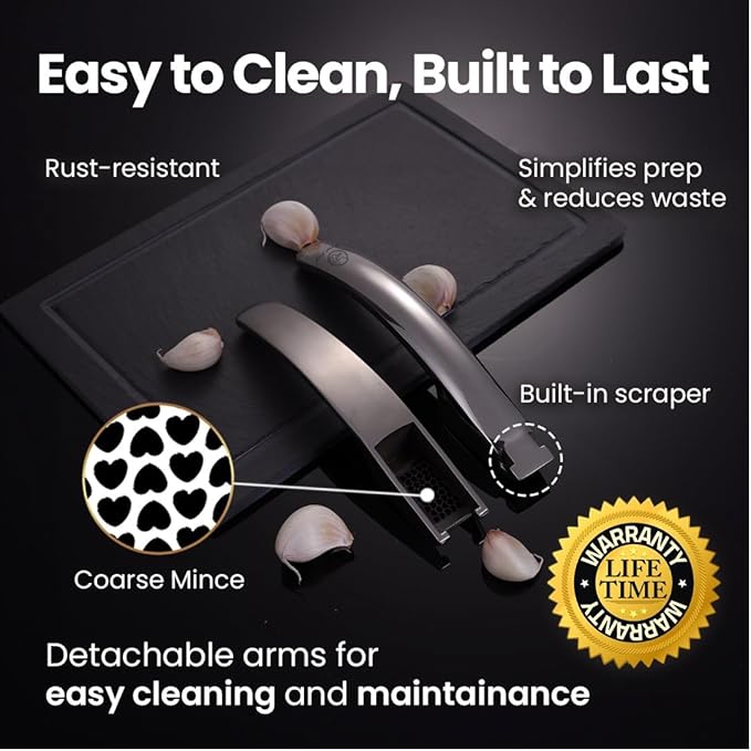 Lifetime Replacement Garlic Press Stainless Steel No Need to Peel, Detachable Handle for Coarse Mincing - Premium Garlic Mincer Tool, Rust-Proof, Easy to Clean, Dishwasher Safe Garlic Crusher