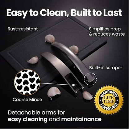 Lifetime Replacement Garlic Press Stainless Steel No Need to Peel, Detachable Handle for Coarse Mincing - Premium Garlic Mincer Tool, Rust-Proof, Easy to Clean, Dishwasher Safe Garlic Crusher