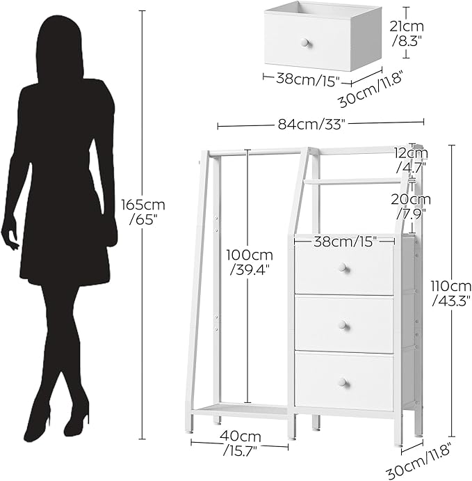 Dresser with Hanging Rack, Reversible Chest of Drawers for Bedroom, 3 Fabric Storage Drawers Dresser with Clothes Rack and Open Shelf, for Closet, Entryway, White