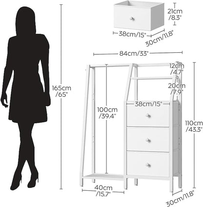 Dresser with Hanging Rack, Reversible Chest of Drawers for Bedroom, 3 Fabric Storage Drawers Dresser with Clothes Rack and Open Shelf, for Closet, Entryway, White