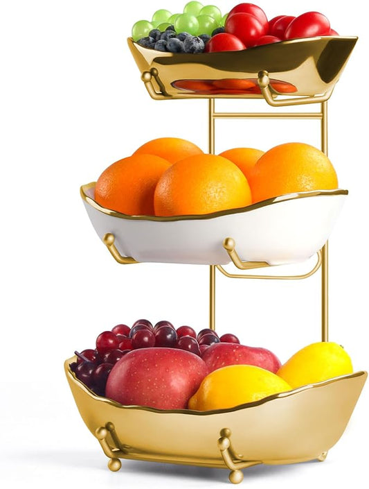 OdoVow 3 Tier Fruit Bowl for Kitchen Counter, White Gold Ceramic Fruit Stand for Countertop, Home Fruit Rack with Holder, Vegetable Bowl Snacks Nuts Bread Candy Storage, Small & Cute (Gold)