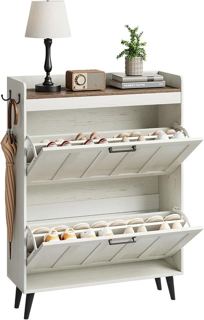 ChooChoo Shoe Storage Cabinet with 2 Flip Drawers, Farmhouse Shoe Organizer Storage for Entryway, Freestanding Hidden Slim Narrow Shoe Rack Cabinet, Antique White & Brown