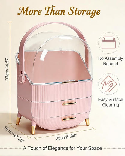 Makeup Organizer and Storage for Bathroom Vanity Countertop, Portable Travel Cosmetic Display Cases with Lid and Drawers, Gift for Women and Girls -Pink