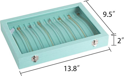 Frebeauty 15 Hooks Necklace Tray Velvet Neckalce Organizer with Clear Lid Lockable Necklace Holder Box Jewelry Organizer for Pendants Chains Necklace Jeweley Tray for Women Girls(Turquoise)