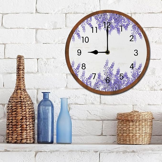 Lavender Wall Clock 10 Inch Silent Non Ticking Battery Operated Wooden Modern Office Simple Minimalist Clock Decorative for Kitchen Home Bathroom Living Room