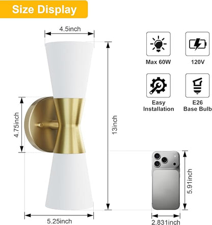 Bathroom Wall Sconce, Modern Indoor Vanity Light Fixtures 13", Up Down Lighting, Wall Mount Lamp for Living Room Bedroom Hallway Stairway Fireplace Mirror E26 Base 1PC White&Gold