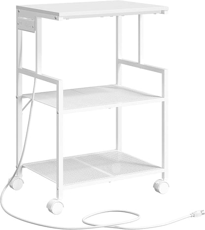 MAHANCRIS Mobile Printer Stand, 3-Tier Industrial Printer Cart with 2 AC Outlets and 2 USB Ports, Rolling Printer Table on Wheels for Home Offices Kitchen Organization Rack, White PTWT78E01