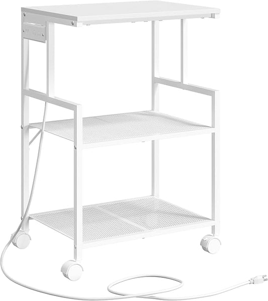 MAHANCRIS Mobile Printer Stand, 3-Tier Industrial Printer Cart with 2 AC Outlets and 2 USB Ports, Rolling Printer Table on Wheels for Home Offices Kitchen Organization Rack, White PTWT78E01