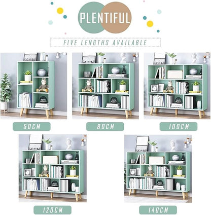 IOTXY Wooden Open Shelf Bookcase - 3-Tier Floor Standing Display Cabinet Rack with Legs, 8 Cubes Bookshelf, Tiffany-Green | Display Cabinet, Rack, with Legs, Bookshelf