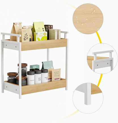KLM Countertop Coffee Station Organizer, 2 Tier Wooden Shelf for Coffee Bar Accessories, Condiment Storage Caddy for Kitchen, Bathroom Counter Organizer, Home, Office - Natural