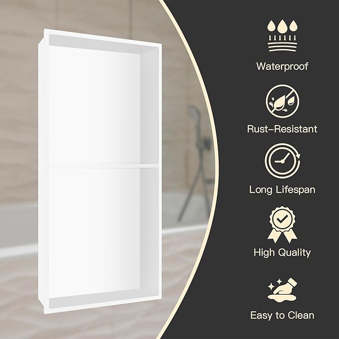 Shower Niche 12 X 24 in No Tile Needed, White Double Shelves Recessed Wall Niche Shelf for Bathroom Storage, Stainless Steel
