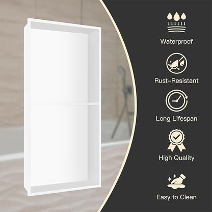 Shower Niche 12 X 24 in No Tile Needed, White Double Shelves Recessed Wall Niche Shelf for Bathroom Storage, Stainless Steel