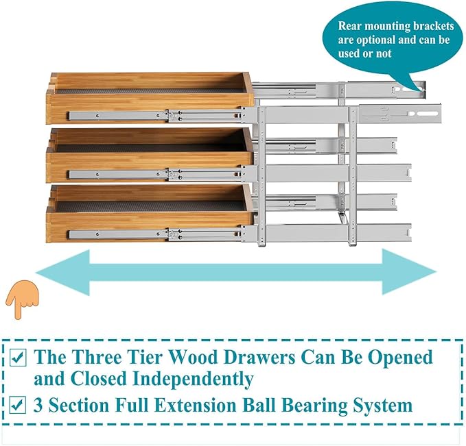 OCG Pull Out Cabinet Drawer 20" W x 21" D, 3 Tier Pull Out Cabinet Organizer, Heavy-Duty Slide Out Drawer for Cabinets, Organization for Kitchen, Pantry, Bathroom