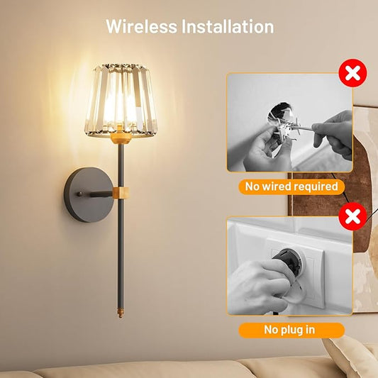 Crystal Battery Operated Wall Sconces Set of 2, Black and Gold Rechargeable Wireless Wall Lights with Crystal Lampshade, 12 RGB and 3CCT Dimmable Wall Lamps with Remote for Bedroom Living Room Hallway