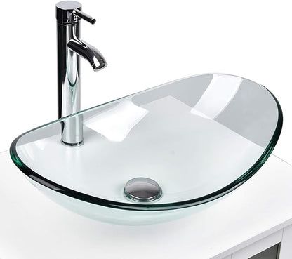 36 Inch White Bathroom Vanity with Water Ripple Design Door, Modern Stylish Cabinet with Clear Boat Glass Sink Top