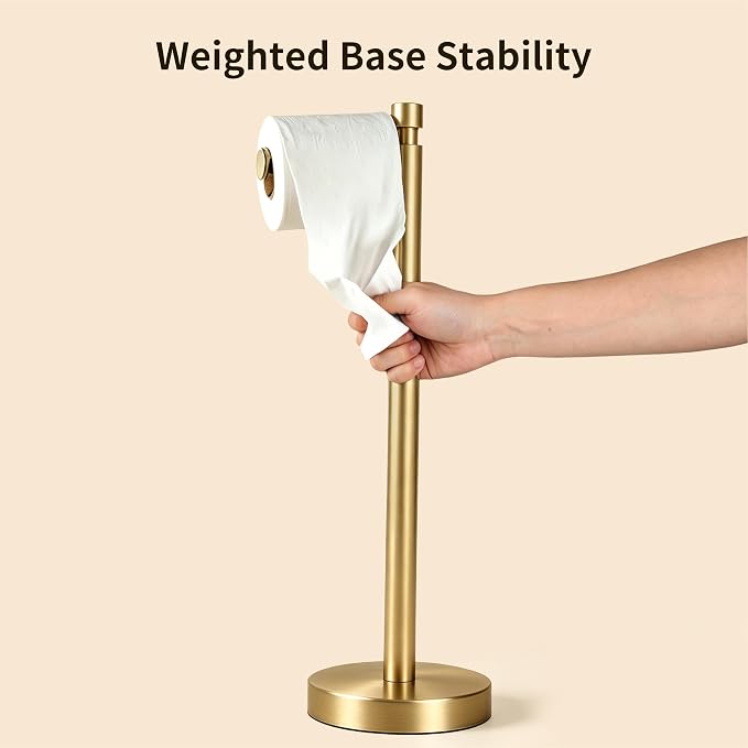 YUMORE Toilet Paper Holder Stand, 4.4lbs Heavy Duty Stainless Steel Free Standing Bathroom Tissue Roll Holder, Brushed Gold