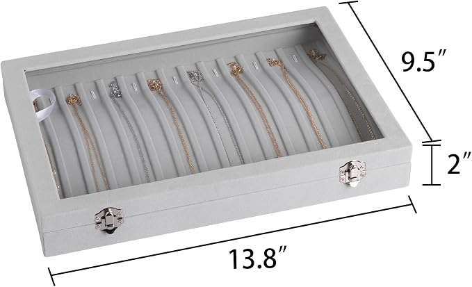 Frebeauty 15 Hooks Necklace Tray Velvet Neckalce Organizer with Clear Lid Lockable Necklace Holder Box Jewelry Organizer for Pendants Chains Necklace Jeweley Tray for Women Girls(Grey)