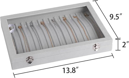 Frebeauty 15 Hooks Necklace Tray Velvet Neckalce Organizer with Clear Lid Lockable Necklace Holder Box Jewelry Organizer for Pendants Chains Necklace Jeweley Tray for Women Girls(Grey)