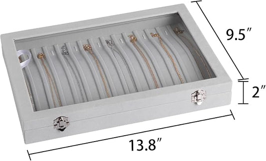 Frebeauty 15 Hooks Necklace Tray Velvet Neckalce Organizer with Clear Lid Lockable Necklace Holder Box Jewelry Organizer for Pendants Chains Necklace Jeweley Tray for Women Girls(Grey)