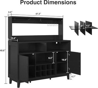 Fluted Buffet Cabinet with Storage, Modern Coffee Bar Cabinet with Outlet, Removable Wine Rack, Multi-Functional Accent Liquor Cabinet for Living Room, Entryway, Kitchen, Black