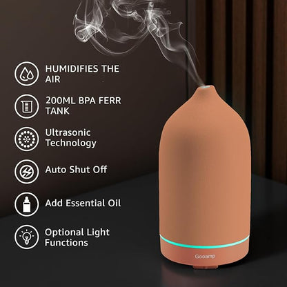 200ML Ceramic Essential Oil Diffuser - Ultrasonic Aromatherapy & Humidifier with 7-Color LED Lights, Auto Shut-Off, Brown, 1H/3H/6H Timer | Scent for Home,Office,Yoga