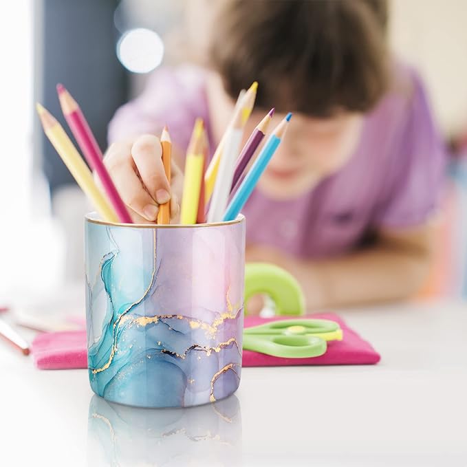 WAVEYU Large Capacity Colored Pen Holder for Desk, Ceramic Pencil Holder Makeup Brush Holders, Desk Accessories & Workspace Organizers for Home, Office, Colorful Green