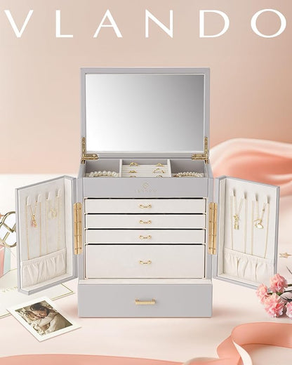 Vlando Large Jewelry Organizer Box, 5-Layer Jewelry Storage Box with Mirror & 4 Drawers for Earrings, Necklaces, Rings and Watch Organizer for Women Girls Mothers Day Gifts for Mom - Grey