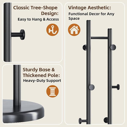 Uniclinens Wood Coat Rack Freestanding - Heavy Duty Freestanding Coat Rack, Wooden Coat Stand with 6 Hooks Creative Tree Branch-look for Entryway, Hallway, Bedroom (Black)