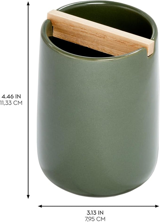 iDesign Ceramic Earth Collection Toothbrush Holder with Paulownia Wood Divider, Moss/Natural Wood