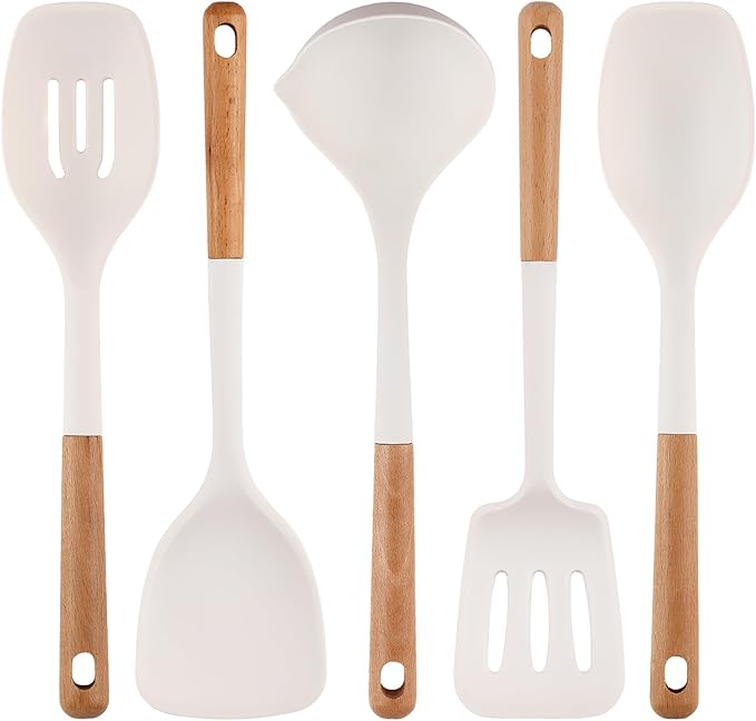 IOCBYHZ Silicone Cooking Utensils Set 5 Pcs Large Non-Stick Kitchen Utensils Set, Wooden Handle Heat Resistance Turner Soup Ladle Spoon Silicone Cooking Kitchen Gadgets BPA Free for Nonstick Cookware