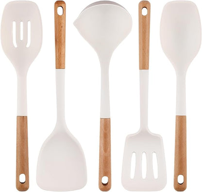 IOCBYHZ Silicone Cooking Utensils Set 5 Pcs Large Non-Stick Kitchen Utensils Set, Wooden Handle Heat Resistance Turner Soup Ladle Spoon Silicone Cooking Kitchen Gadgets BPA Free for Nonstick Cookware