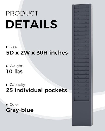 OSKIE 25-pockets Metal Time Card Rack, Wall-Mountable, Powder gray-blue, Vertical Office Organizer, 2x5x30inches