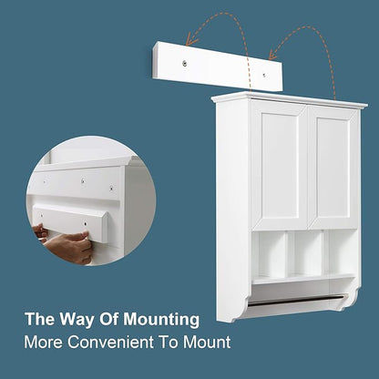 White Bathroom Wall Cabinet with Towel Bar,Wooden Medicine Cabinet Adjustable Shelves,23x32 Inch Kitchen Cabinet,Over Toilet Storage Cabinet for Bathroom,Kitchen,Laundry