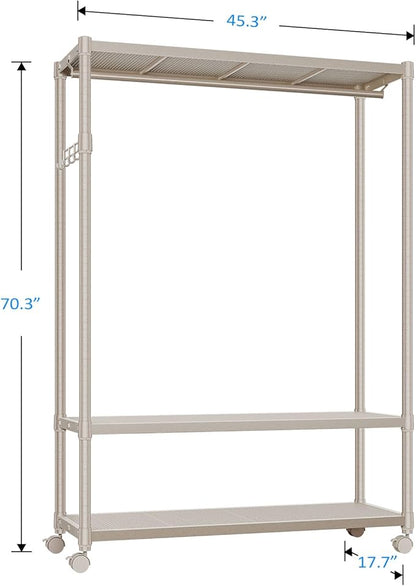 IZEUK Heavy Duty Rolling Garment Rack Wire Clothes Rack for Hanging Clothes (Gold, 3 Tier with 1 Rod, 17.7" D x 45.3" W x 70.3" H)